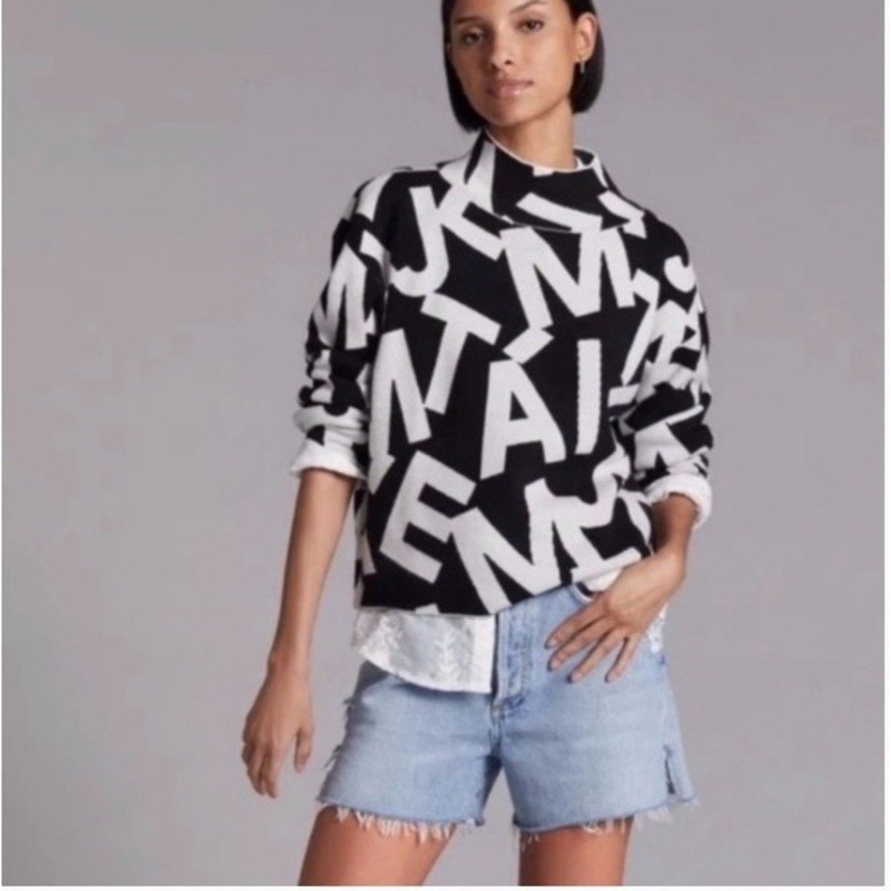 Maeve Anthropologie Graphic Alphabet Mock Neck Sweater Women M Black White Knit